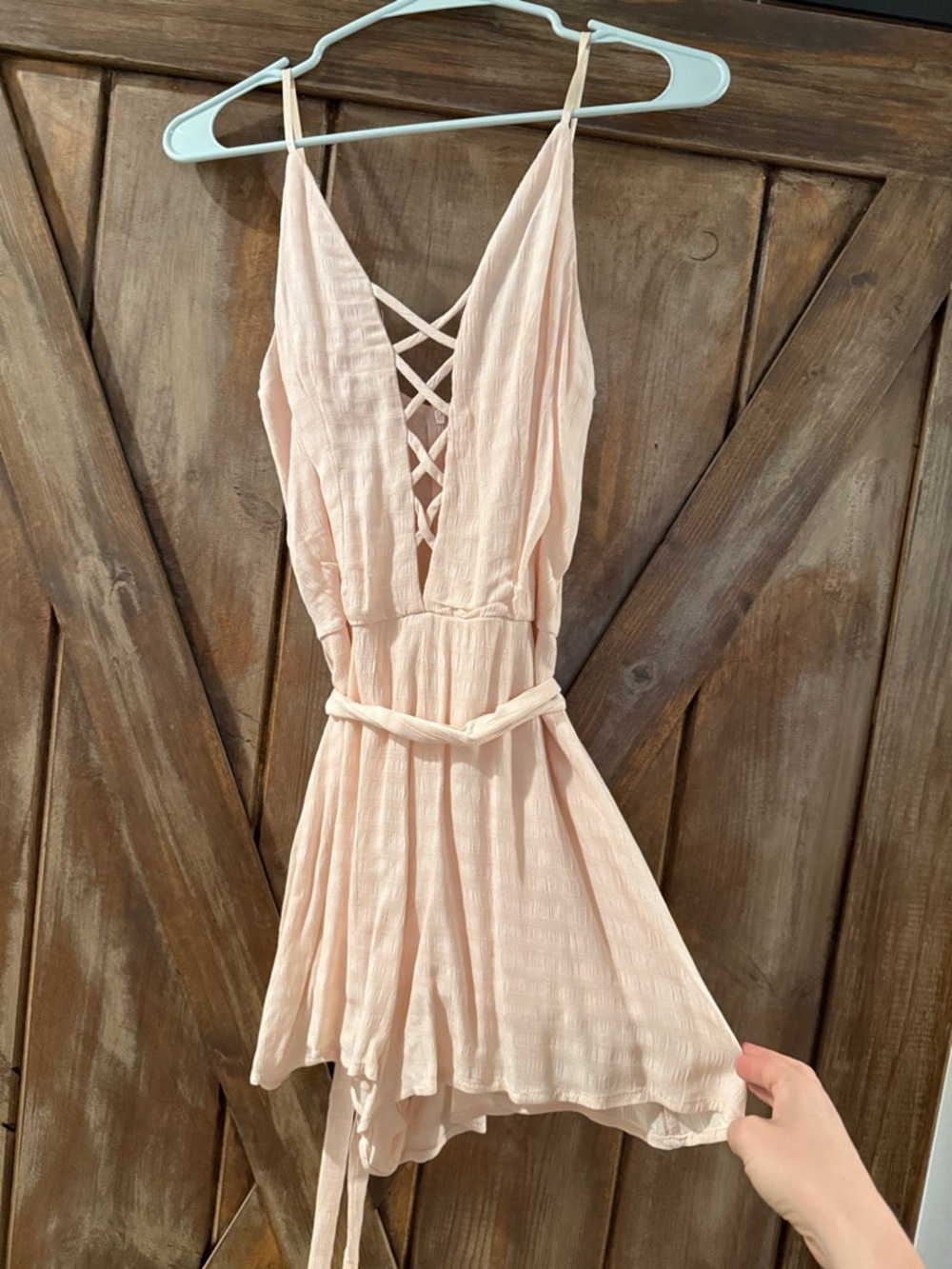 Sage Light Blush Pink Spaghetti Strap Romper with Crisscross Back